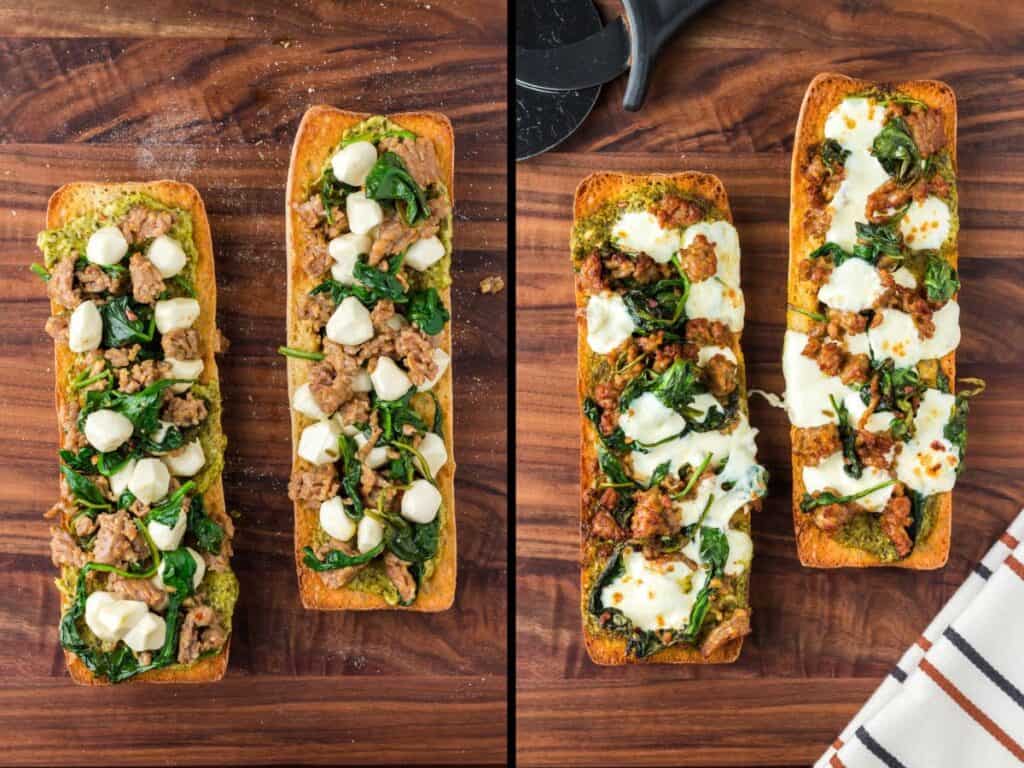 French bread pizza after being filled but before cooking compared to after baking.