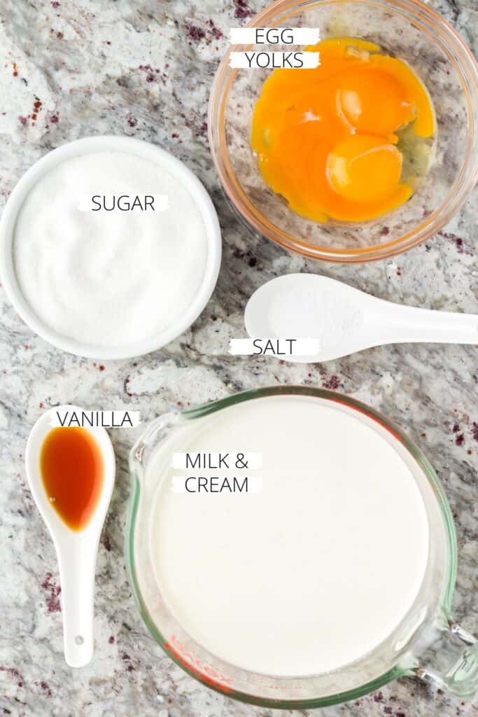 Ingredients for salted caramel pudding.