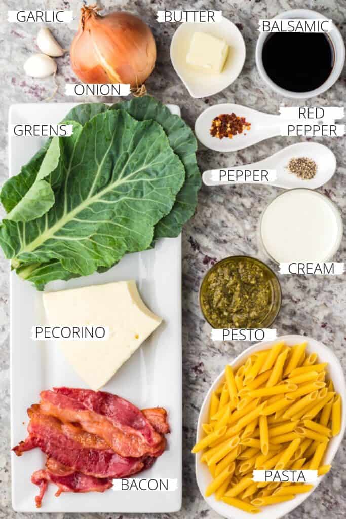 Ingredients for Bacon Pesto Pasta.