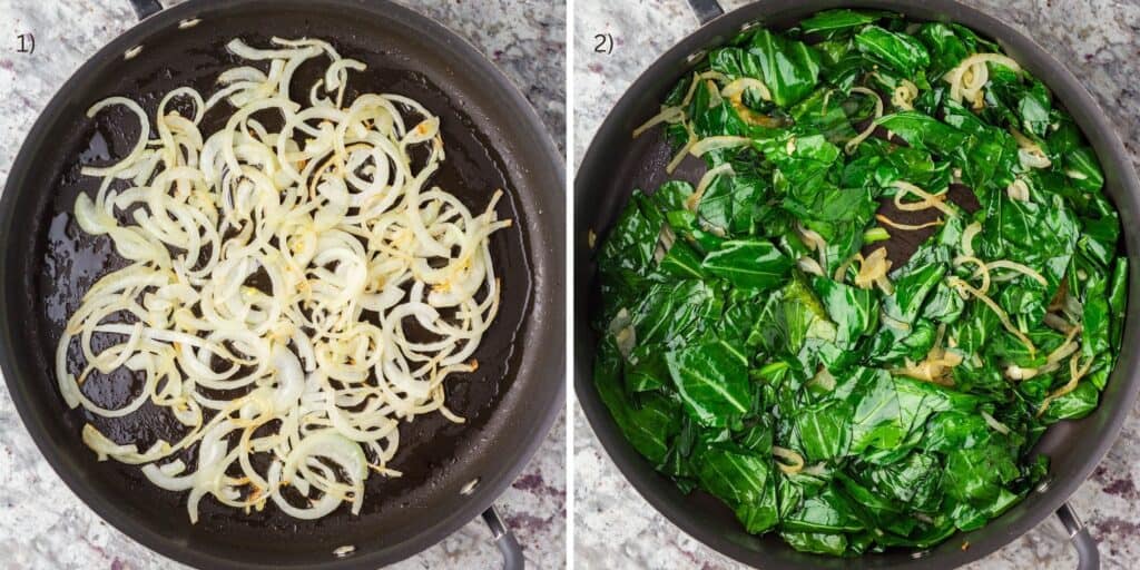 Sauteed onions and garlic in a saute pan next to the second step of cooking greens with onion and garlic in the same pan.