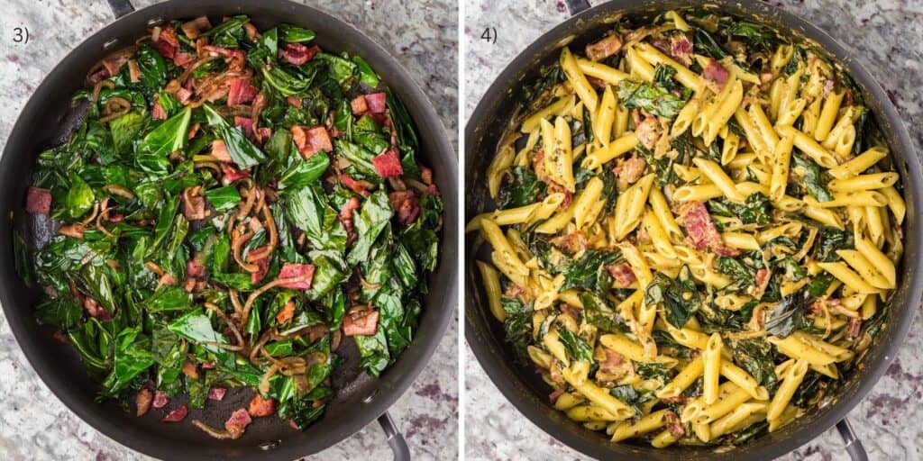 Large black pan filled with cooked greens, bacon, garlic and onions next to the final step of combining the pasta and sauce with the greens.