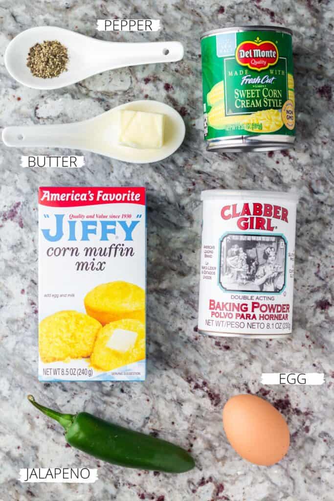 Ingredients for Jiffy Jalapeño Cornbread on a countertop.