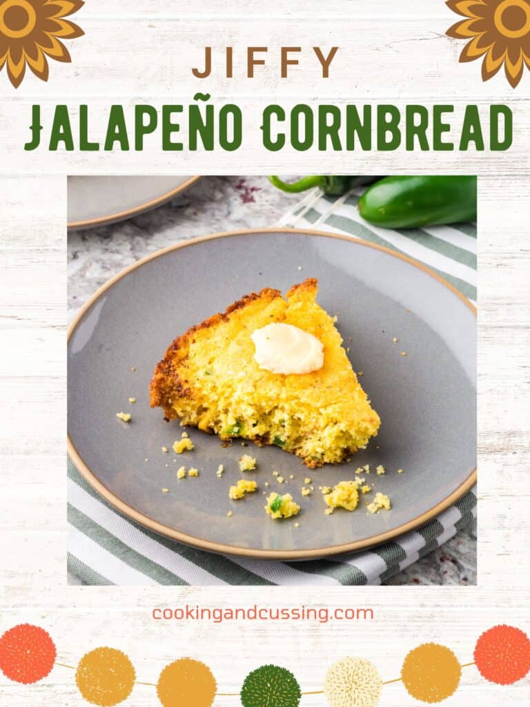 A slice of Jiffy Jalapeño Cornbread on a grey plate with a green and white striped napkin.