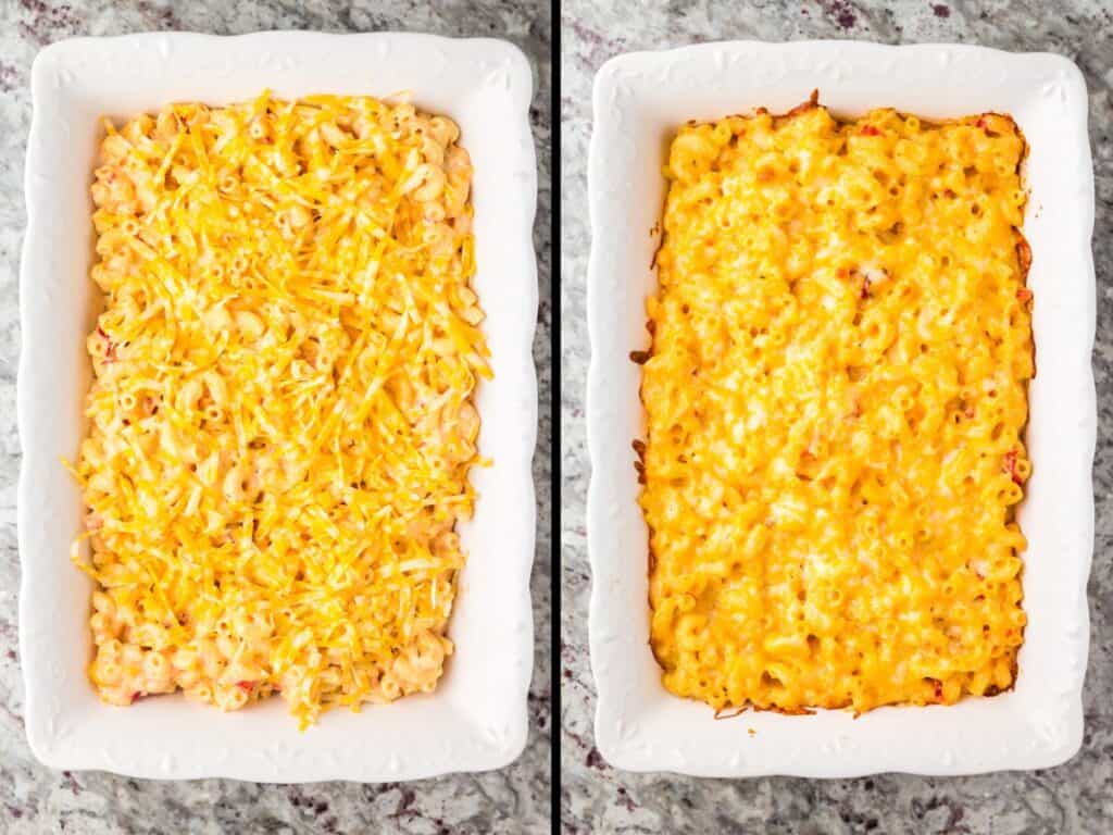 Pimento Mac and Cheese before and after baking.