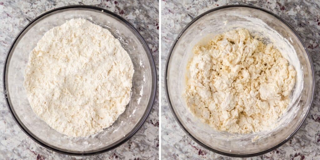 Process photos of skillet biscuit dough.